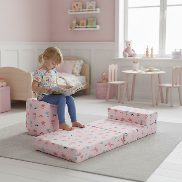 Kids Bean Bag and Folding Z Bed Printed Toddler Beanbag Chair and Guest Mattress