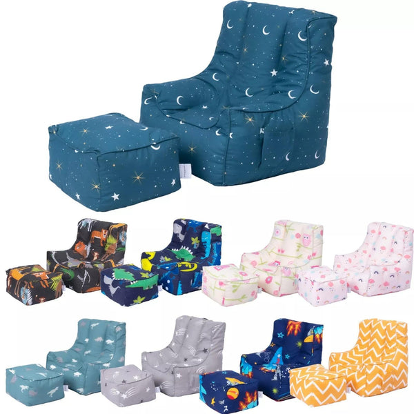 Kids Bean Bag Chair with Footstool Indoor Beanbag Armchair Printed Gaming Pouffes