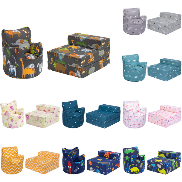 Kids Bean Bag Armchair and Folding Z Bed Printed Toddler Beanbag Chair and Guest Mattress
