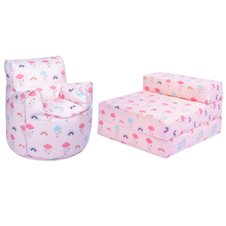 Kids Bean Bag Armchair and Folding Z Bed Printed Toddler Beanbag Chair and Sleepover Mattress