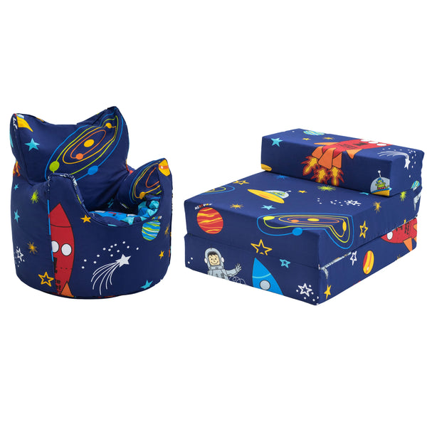 Kids Bean Bag Armchair and Folding Z Bed Printed Toddler Beanbag Chair and Guest Mattress