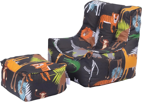 Kids Bean Bag Chair with Footstool Indoor Beanbag Armchair Printed Gaming Pouffes